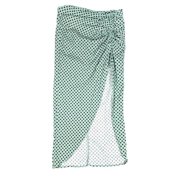 ZARA Ruched High Rise Slit Tulip Midi Skirt in Mint Green Polkadot Womens Medium - Picture 1 of 7
